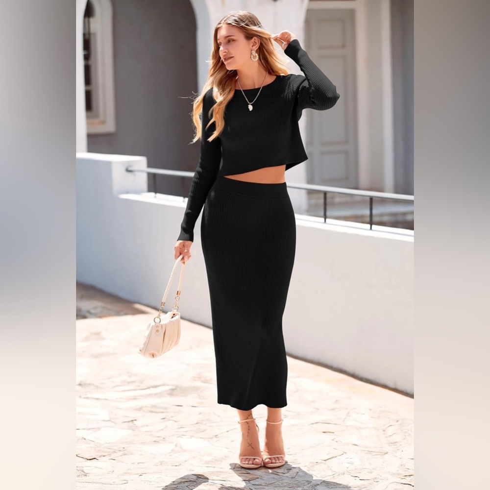 PRETTYGARDEN 2Piece Sweater Set Rib Knit Crop Top Maxi Bodycon Skirt Casual